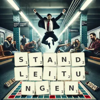 Kreative Illustration für ein Scrabble-Spiel, bei dem das Wort STANDLEITUNGEN mit Steinen auf dem Brett gelegt wurde.