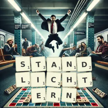 Kreative Illustration für ein Scrabble-Spiel, bei dem das Wort STANDLICHTERN mit Steinen auf dem Brett gelegt wurde.