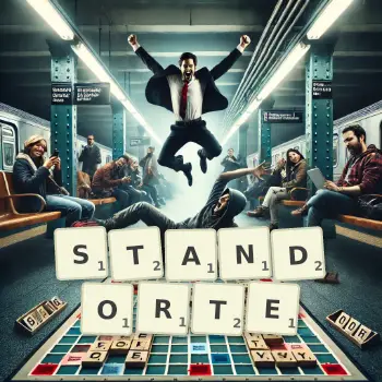 Kreative Illustration für ein Scrabble-Spiel, bei dem das Wort STANDORTE mit Steinen auf dem Brett gelegt wurde.