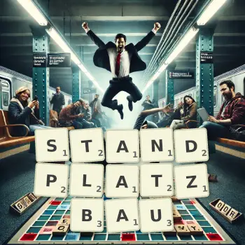 Kreative Illustration für ein Scrabble-Spiel, bei dem das Wort STANDPLATZBAU mit Steinen auf dem Brett gelegt wurde.
