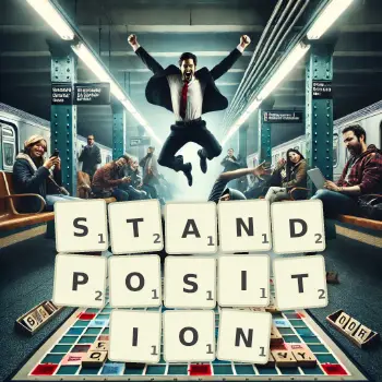 Kreative Illustration für ein Scrabble-Spiel, bei dem das Wort STANDPOSITION mit Steinen auf dem Brett gelegt wurde.