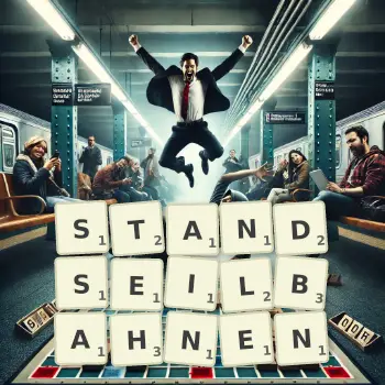 Kreative Illustration für ein Scrabble-Spiel, bei dem das Wort STANDSEILBAHNEN mit Steinen auf dem Brett gelegt wurde.