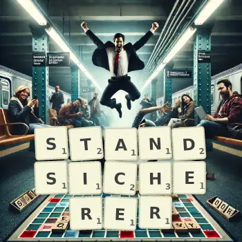 Kreative Illustration für ein Scrabble-Spiel, bei dem das Wort STANDSICHERER mit Steinen auf dem Brett gelegt wurde.