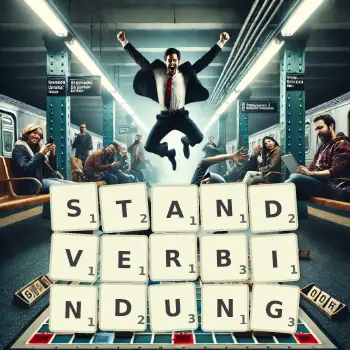 Kreative Illustration für ein Scrabble-Spiel, bei dem das Wort STANDVERBINDUNG mit Steinen auf dem Brett gelegt wurde.