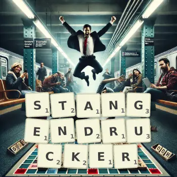 Kreative Illustration für ein Scrabble-Spiel, bei dem das Wort STANGENDRUCKER mit Steinen auf dem Brett gelegt wurde.