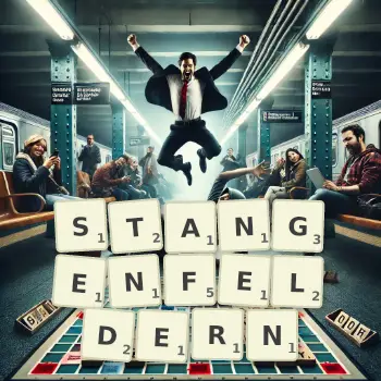 Kreative Illustration für ein Scrabble-Spiel, bei dem das Wort STANGENFELDERN mit Steinen auf dem Brett gelegt wurde.