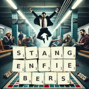 Kreative Illustration für ein Scrabble-Spiel, bei dem das Wort STANGENFIEBERS mit Steinen auf dem Brett gelegt wurde.