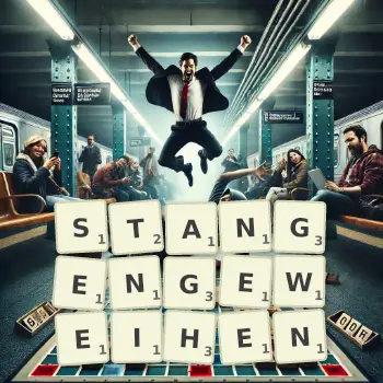 Kreative Illustration für ein Scrabble-Spiel, bei dem das Wort STANGENGEWEIHEN mit Steinen auf dem Brett gelegt wurde.
