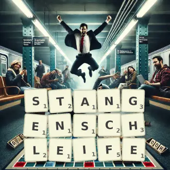Kreative Illustration für ein Scrabble-Spiel, bei dem das Wort STANGENSCHLEIFE mit Steinen auf dem Brett gelegt wurde.