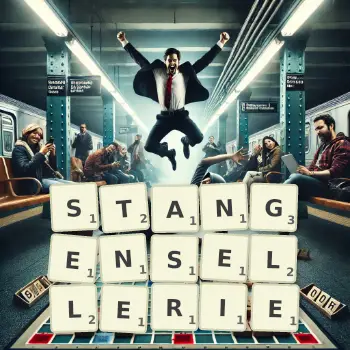 Kreative Illustration für ein Scrabble-Spiel, bei dem das Wort STANGENSELLERIE mit Steinen auf dem Brett gelegt wurde.