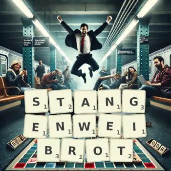 Kreative Illustration für ein Scrabble-Spiel, bei dem das Wort STANGENWEIBROT mit Steinen auf dem Brett gelegt wurde.