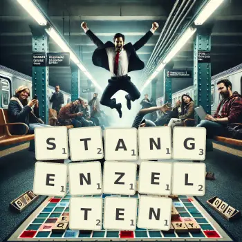 Kreative Illustration für ein Scrabble-Spiel, bei dem das Wort STANGENZELTEN mit Steinen auf dem Brett gelegt wurde.