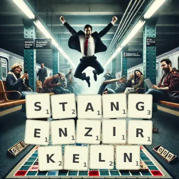 Kreative Illustration für ein Scrabble-Spiel, bei dem das Wort STANGENZIRKELN mit Steinen auf dem Brett gelegt wurde.