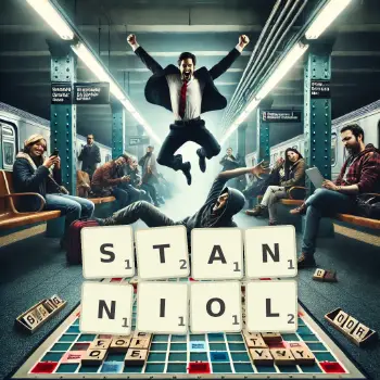 Kreative Illustration für ein Scrabble-Spiel, bei dem das Wort STANNIOL mit Steinen auf dem Brett gelegt wurde.