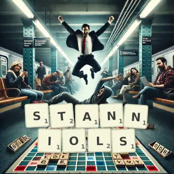 Kreative Illustration für ein Scrabble-Spiel, bei dem das Wort STANNIOLS mit Steinen auf dem Brett gelegt wurde.