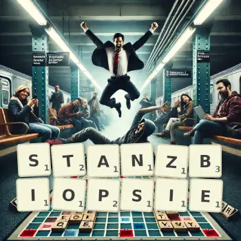 Kreative Illustration für ein Scrabble-Spiel, bei dem das Wort STANZBIOPSIE mit Steinen auf dem Brett gelegt wurde.