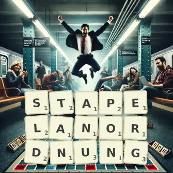 Kreative Illustration für ein Scrabble-Spiel, bei dem das Wort STAPELANORDNUNG mit Steinen auf dem Brett gelegt wurde.