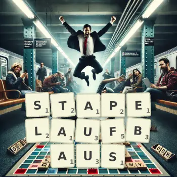 Kreative Illustration für ein Scrabble-Spiel, bei dem das Wort STAPELAUFBAUS mit Steinen auf dem Brett gelegt wurde.