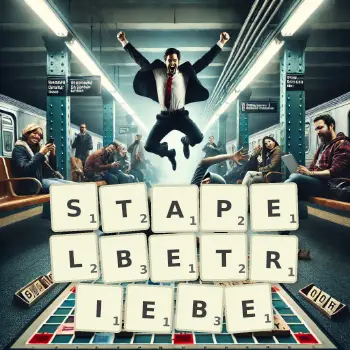 Kreative Illustration für ein Scrabble-Spiel, bei dem das Wort STAPELBETRIEBE mit Steinen auf dem Brett gelegt wurde.