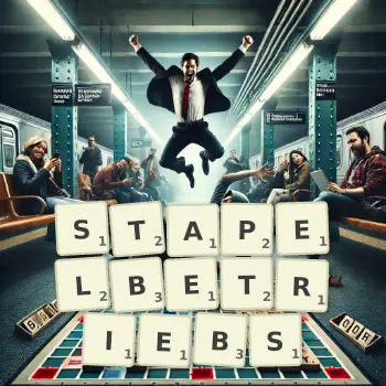Kreative Illustration für ein Scrabble-Spiel, bei dem das Wort STAPELBETRIEBS mit Steinen auf dem Brett gelegt wurde.