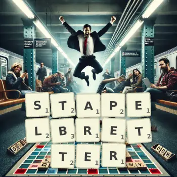 Kreative Illustration für ein Scrabble-Spiel, bei dem das Wort STAPELBRETTER mit Steinen auf dem Brett gelegt wurde.