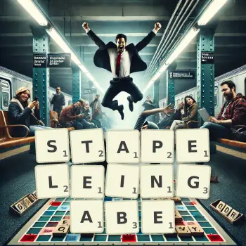 Kreative Illustration für ein Scrabble-Spiel, bei dem das Wort STAPELEINGABE mit Steinen auf dem Brett gelegt wurde.