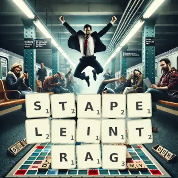 Kreative Illustration für ein Scrabble-Spiel, bei dem das Wort STAPELEINTRAG mit Steinen auf dem Brett gelegt wurde.