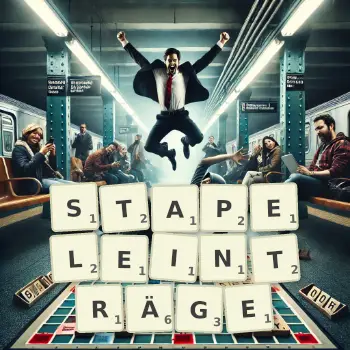 Kreative Illustration für ein Scrabble-Spiel, bei dem das Wort STAPELEINTRÄGE mit Steinen auf dem Brett gelegt wurde.