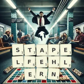 Kreative Illustration für ein Scrabble-Spiel, bei dem das Wort STAPELFEHLERN mit Steinen auf dem Brett gelegt wurde.