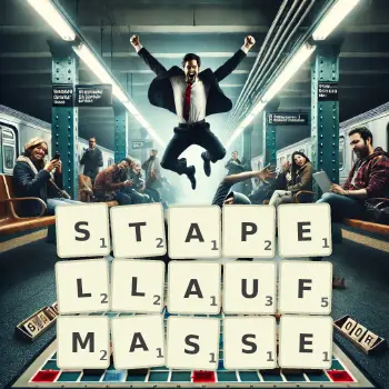 Kreative Illustration für ein Scrabble-Spiel, bei dem das Wort STAPELLAUFMASSE mit Steinen auf dem Brett gelegt wurde.
