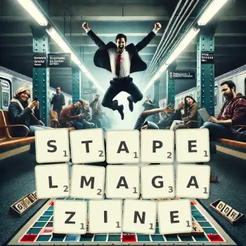 Kreative Illustration für ein Scrabble-Spiel, bei dem das Wort STAPELMAGAZINE mit Steinen auf dem Brett gelegt wurde.