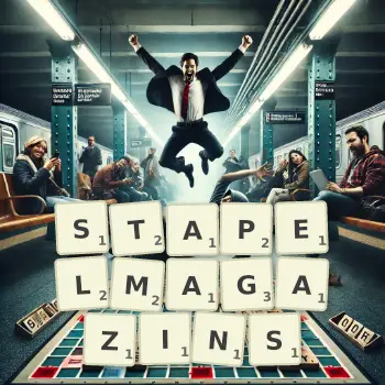 Kreative Illustration für ein Scrabble-Spiel, bei dem das Wort STAPELMAGAZINS mit Steinen auf dem Brett gelegt wurde.