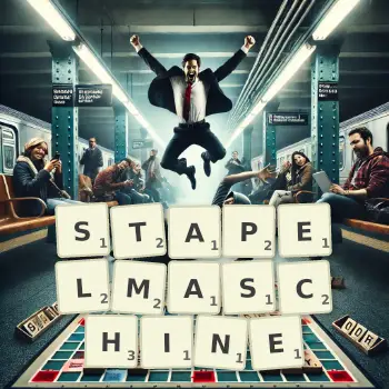 Kreative Illustration für ein Scrabble-Spiel, bei dem das Wort STAPELMASCHINE mit Steinen auf dem Brett gelegt wurde.