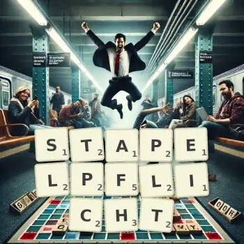 Kreative Illustration für ein Scrabble-Spiel, bei dem das Wort STAPELPFLICHT mit Steinen auf dem Brett gelegt wurde.