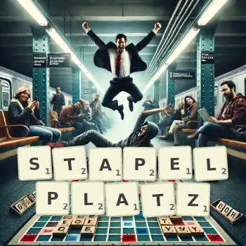 Kreative Illustration für ein Scrabble-Spiel, bei dem das Wort STAPELPLATZ mit Steinen auf dem Brett gelegt wurde.