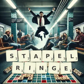 Kreative Illustration für ein Scrabble-Spiel, bei dem das Wort STAPELRINGE mit Steinen auf dem Brett gelegt wurde.