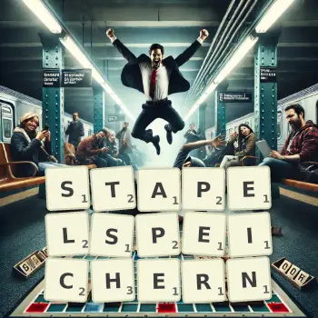 Kreative Illustration für ein Scrabble-Spiel, bei dem das Wort STAPELSPEICHERN mit Steinen auf dem Brett gelegt wurde.