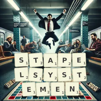 Kreative Illustration für ein Scrabble-Spiel, bei dem das Wort STAPELSYSTEMEN mit Steinen auf dem Brett gelegt wurde.