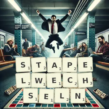Kreative Illustration für ein Scrabble-Spiel, bei dem das Wort STAPELWECHSELN mit Steinen auf dem Brett gelegt wurde.