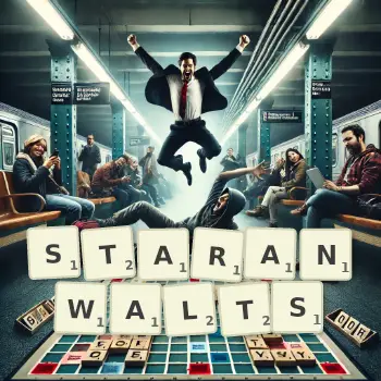 Kreative Illustration für ein Scrabble-Spiel, bei dem das Wort STARANWALTS mit Steinen auf dem Brett gelegt wurde.