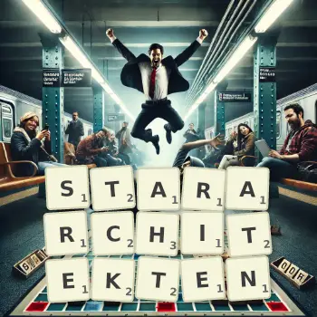 Kreative Illustration für ein Scrabble-Spiel, bei dem das Wort STARARCHITEKTEN mit Steinen auf dem Brett gelegt wurde.