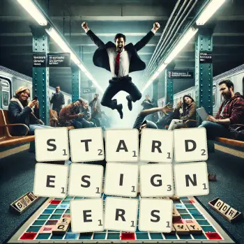 Kreative Illustration für ein Scrabble-Spiel, bei dem das Wort STARDESIGNERS mit Steinen auf dem Brett gelegt wurde.