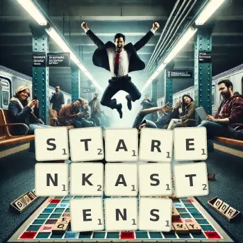 Kreative Illustration für ein Scrabble-Spiel, bei dem das Wort STARENKASTENS mit Steinen auf dem Brett gelegt wurde.