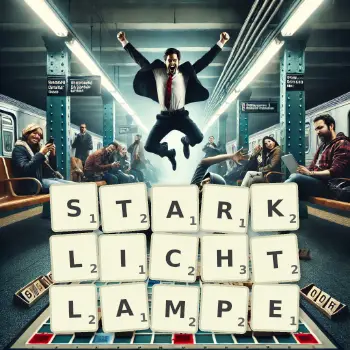 Kreative Illustration für ein Scrabble-Spiel, bei dem das Wort STARKLICHTLAMPE mit Steinen auf dem Brett gelegt wurde.