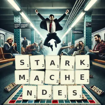 Kreative Illustration für ein Scrabble-Spiel, bei dem das Wort STARKMACHENDES mit Steinen auf dem Brett gelegt wurde.
