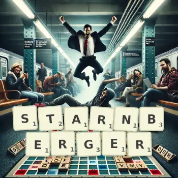 Kreative Illustration für ein Scrabble-Spiel, bei dem das Wort STARNBERGER mit Steinen auf dem Brett gelegt wurde.