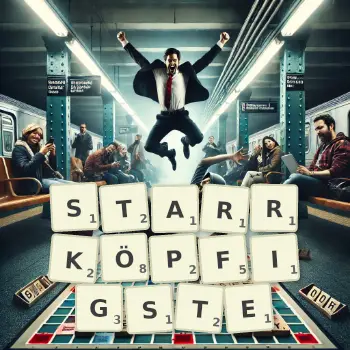 Kreative Illustration für ein Scrabble-Spiel, bei dem das Wort STARRKÖPFIGSTE mit Steinen auf dem Brett gelegt wurde.