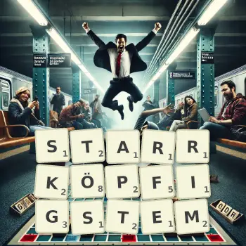 Kreative Illustration für ein Scrabble-Spiel, bei dem das Wort STARRKÖPFIGSTEM mit Steinen auf dem Brett gelegt wurde.
