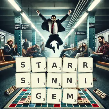 Kreative Illustration für ein Scrabble-Spiel, bei dem das Wort STARRSINNIGEM mit Steinen auf dem Brett gelegt wurde.