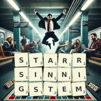 Kreative Illustration für ein Scrabble-Spiel, bei dem das Wort STARRSINNIGSTEM mit Steinen auf dem Brett gelegt wurde.
